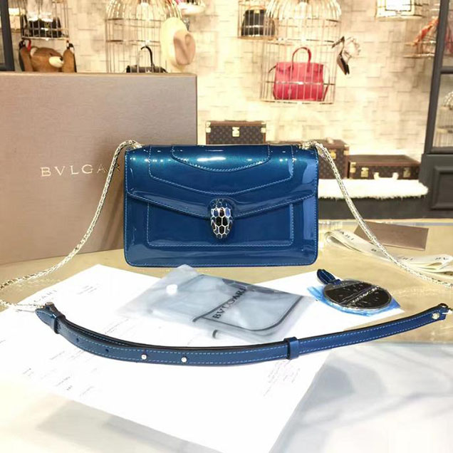 Bulgari Serpenti 22cm Medium with Single Gusset Bag Fall 2016 Collection Patent Calfskin Leather Blue