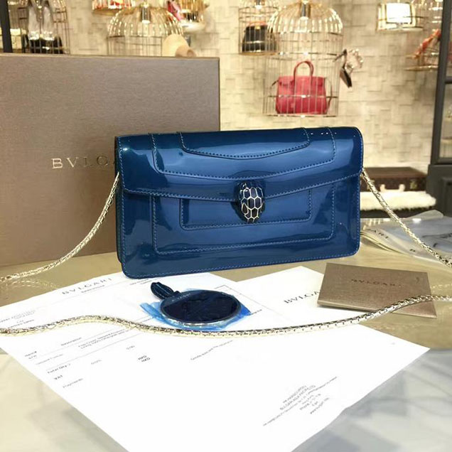 Bulgari Serpenti 25cm Small Clutch Bag Fall 2016 Collection Patent Calfskin Leather Blue