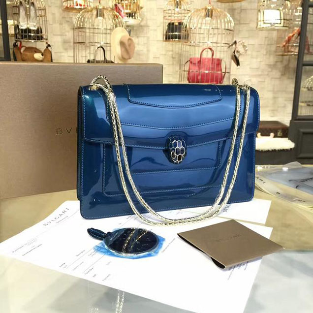 Bulgari Serpenti 27cm Large with Two Gussets Bag Fall 2016 Collection Patent Calfskin Leather Blue