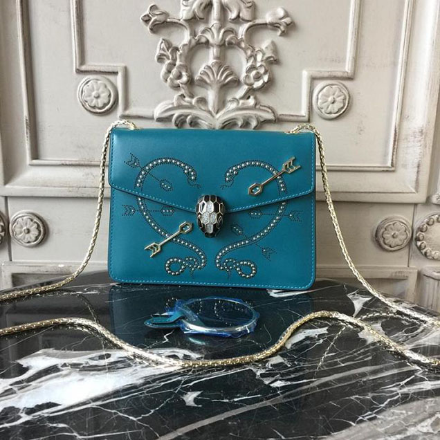 Bulgari Serpenti Forever Studded Pop Heart 20cm Bag with Single Gusset Calfskin Leather Spring Summer 2018 Collection Turquoise