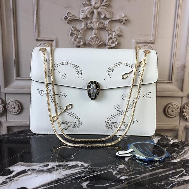 Bulgari Serpenti Forever Studded Pop Heart 27cm Bag with Two Gussets Calfskin Leather Spring Summer 2018 Collection White