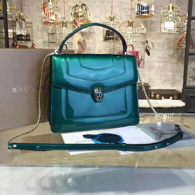 Bulgari Serpenti Top Handle 25cm Medium Bag Fall 2016 Collection Patent Calfskin Leather Green