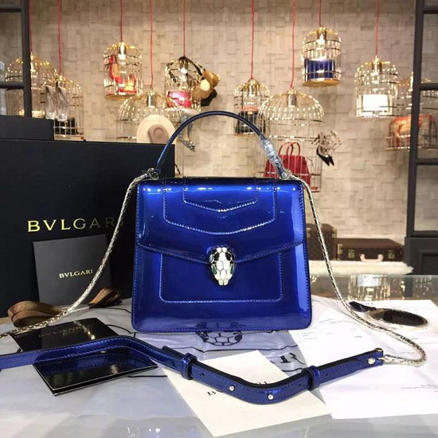 Bulgari Serpenti Top Handle Small Bag Fall 2015 Collection Patent Leather Blue