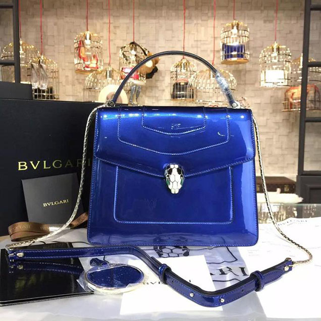 Bulgari Serpenti Top Handle Medium Bag Fall 2015 Collection Patent Leather Blue