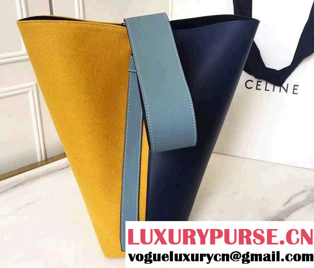 Celine Shiny Smooth Calfskin Small Twisted Cabas Bag Felt Yellow/Navy 2016