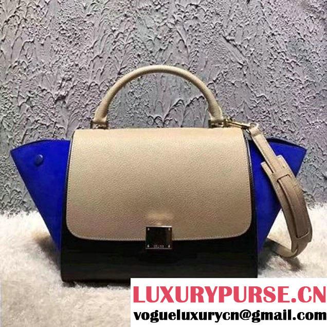 Celine Small Trapezre Tricolor Bag In Grainy Calfskin & Suede Leather Beige/Black/Royal Blue 2017 (OZZ-7041227 )