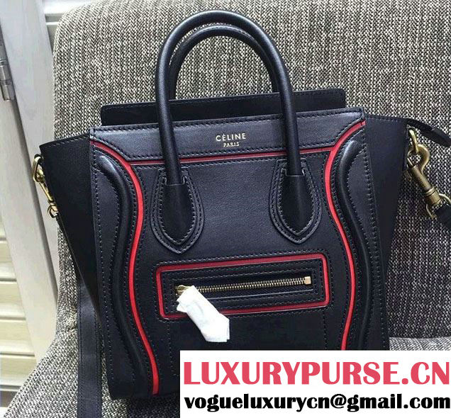 Celine Luggage Nano Tote Bag in Original Leather Black/Red 2016