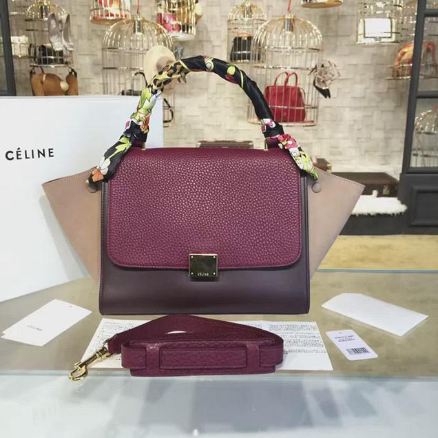 Celine Trapeze Top Handle Small Bag Grained Calfskin with Suede Leather Pre-Fall Winter 2016 Collection Berry Burgundy Light Pink