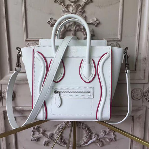 Celine Nano Luggage 20cm Bag Smooth Calfskin Pre-Fall 2017 Bag Collection White with Magenta Piping