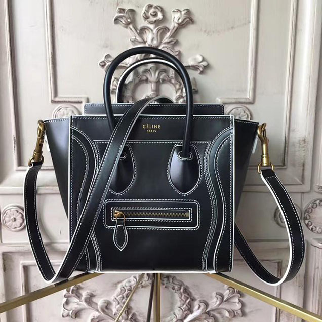 Celine Satin Nano Luggage 20cm Debossed Luggage Bag Smooth Calfskin Pre-Fall 2017 Bag Collection Black with White Piping