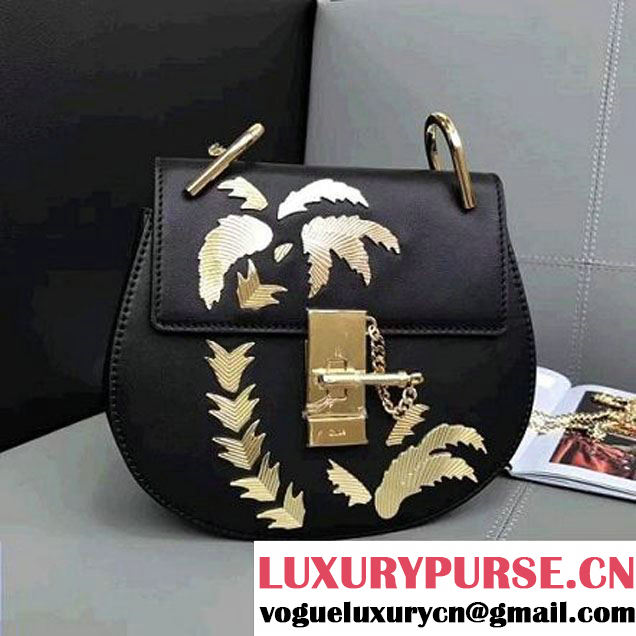 Chloe Mini Drew Saddle Bag With Golden Palm Tree Embroidery Black 2017 (JD-7042214 )