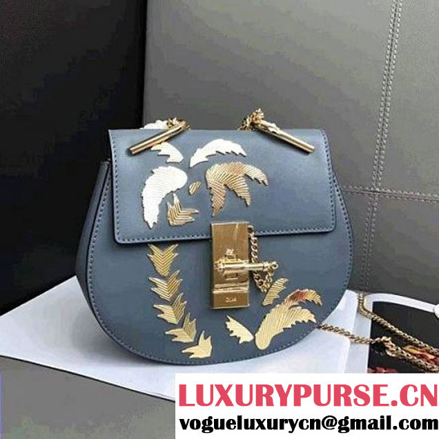 Chloe Mini Drew Saddle Bag With Golden Palm Tree Embroidery Blue 2017 (JD-7042215 )