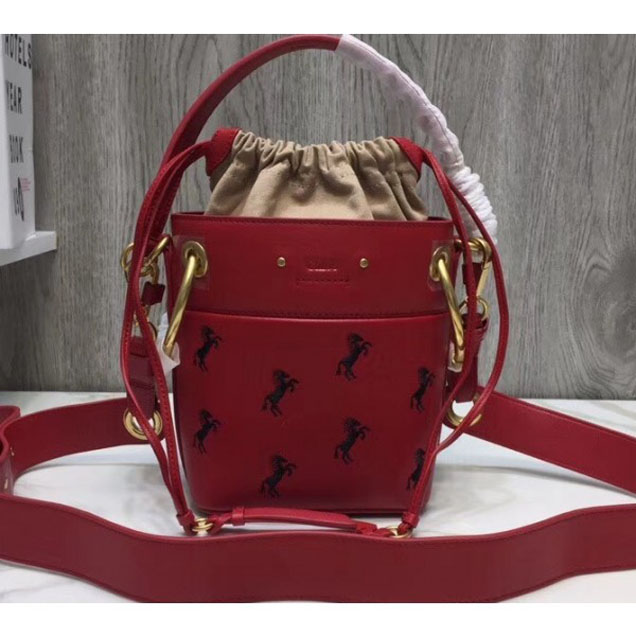 Chloe Smooth Calfskin Mini Roy Bucket Bag Little Horses Embroidery Red 2018