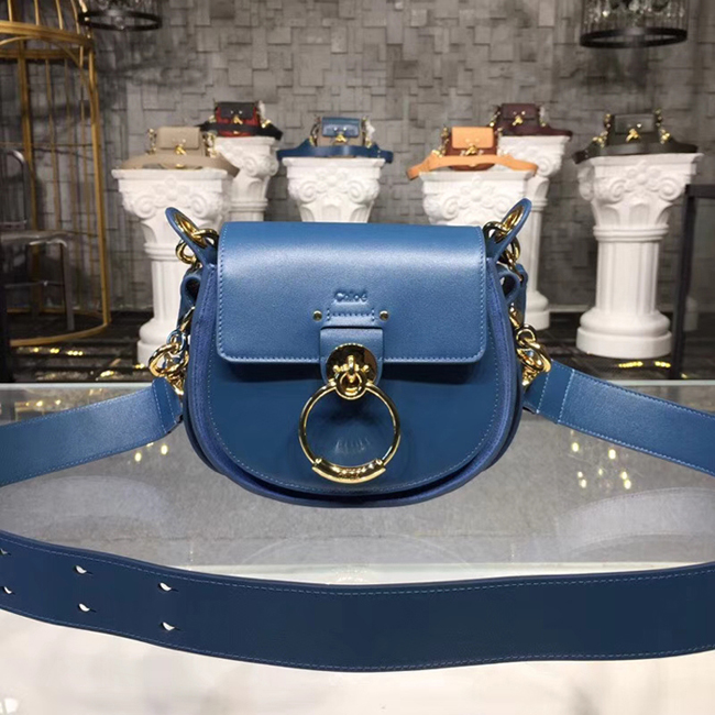 Chloe Small Tess Bag In Shiny Suede Calfskin Vinyl Blue 2018