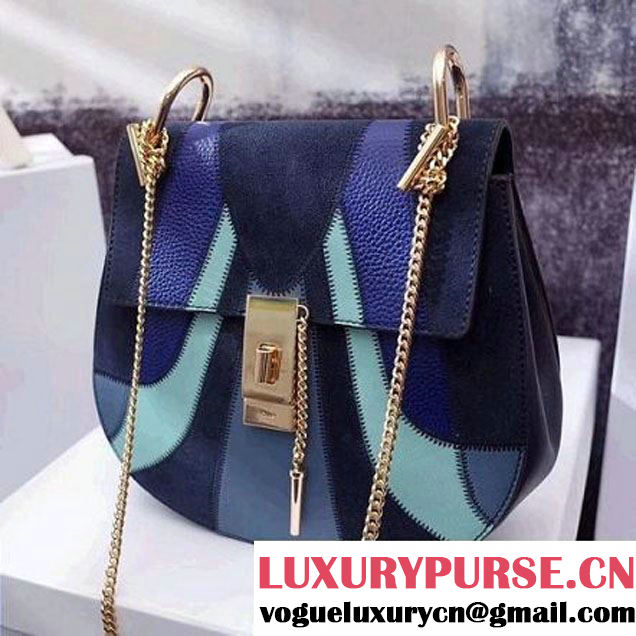 Chloe Drew Shoulder Bag in Small Grain Lambskin With Smooth & Suede Calfskin Patchwork Blue 2017 (A144-7112217 )