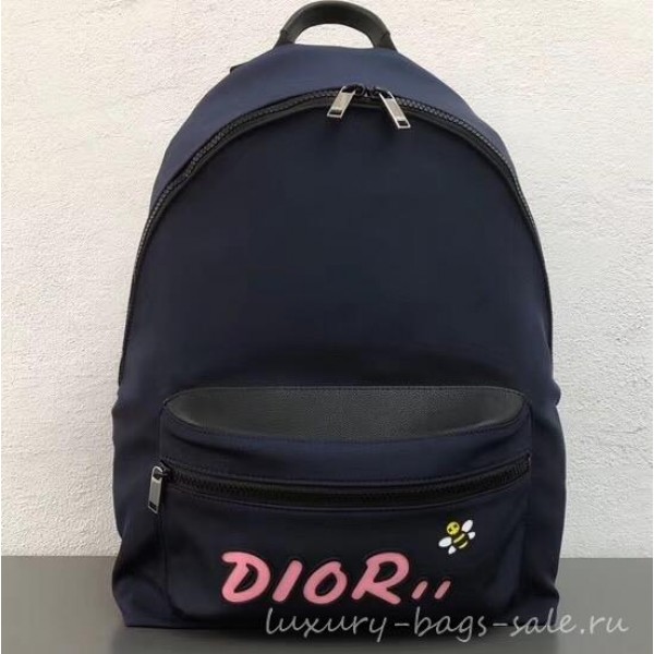 Dior Nylon Bee DIOR X KAWS Rider Backpack Bag Blue with Pink Logo 2019