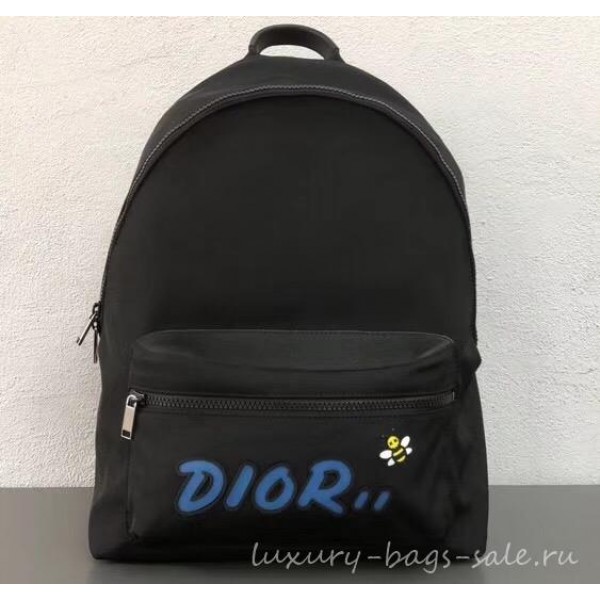 Dior Nylon Bee DIOR X KAWS Rider Backpack Bag Black with Blue Logo 2019