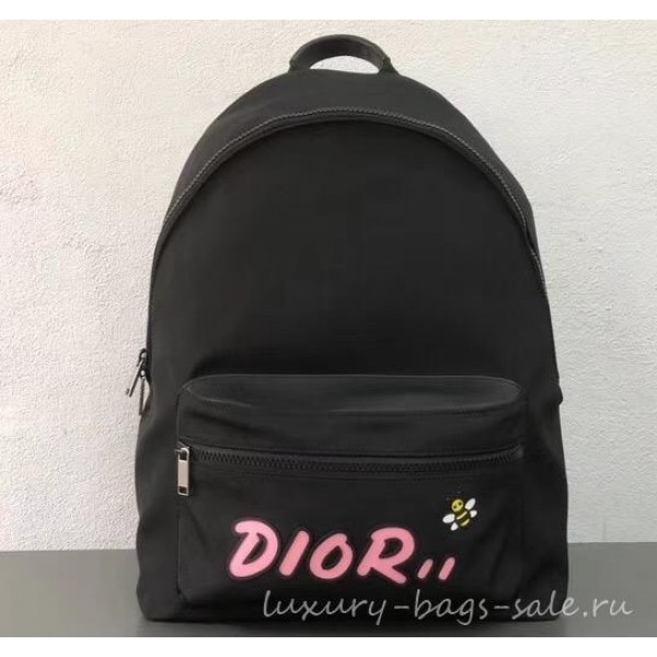 Dior Nylon Bee DIOR X KAWS Rider Backpack Bag Black with Pink Logo 2019