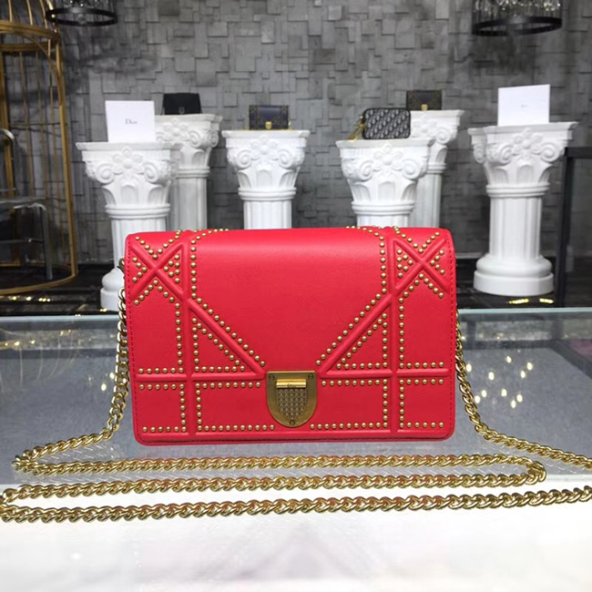 Dior Small Diorama Clutch With Flap In Studded Calfskin Red 2018