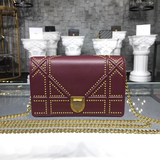 Dior Small Diorama Clutch With Flap In Studded Calfskin Burgundy 2018