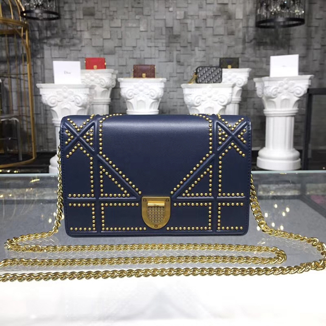 Dior Small Diorama Clutch With Flap In Studded Calfskin Blue 2018