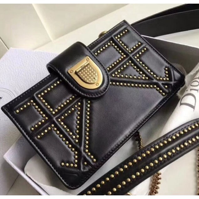 Dior Diorama Phone Clutch Pouch with Chain in Studded Calfskin Black 2018 Collection