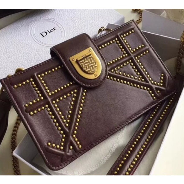 Dior Diorama Phone Clutch Pouch with Chain in Studded Calfskin Burgundy 2018 Collection