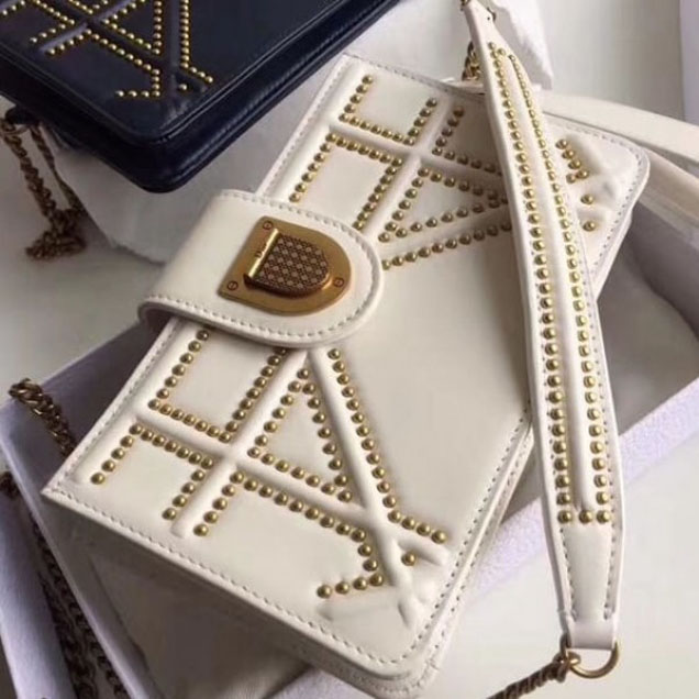 Dior Diorama Phone Clutch Pouch with Chain in Studded Calfskin White 2018 Collection