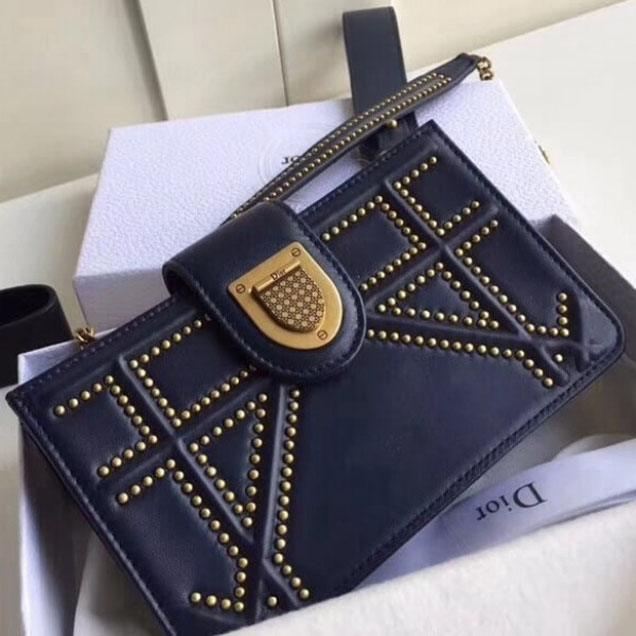 Dior Diorama Phone Clutch Pouch with Chain in Studded Calfskin Blue 2018 Collection