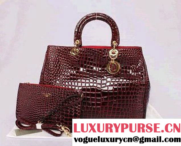 Dior Large Diorissimo Bag Croco Leather DR35888 Burgundy