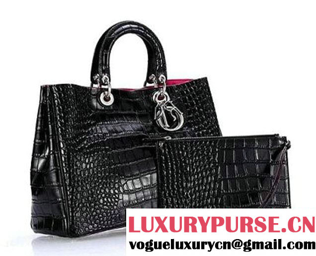 Dior Large Diorissimo Bag Croco Leather Black