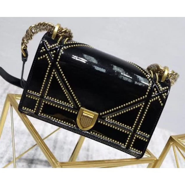 Dior Small Diorama Flap Bag in Black Studded Metallic Mirror Calfskin 2018