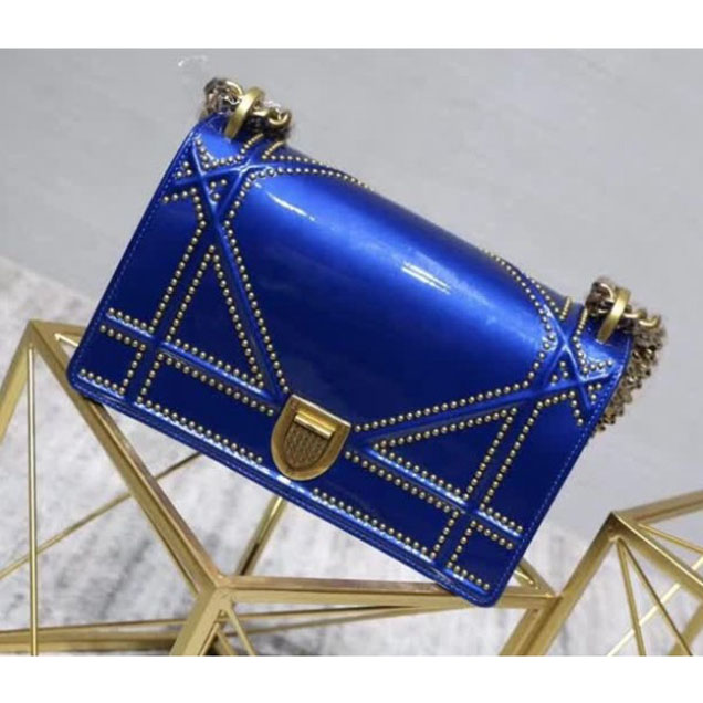 Dior Small Diorama Flap Bag in Blue Studded Metallic Mirror Calfskin 2018