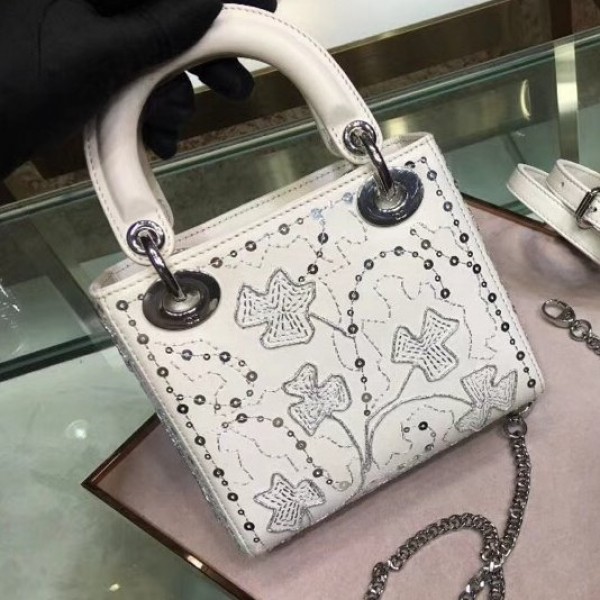 Dior Mini Lady Dior Bag in Threads Clovers Embroidered Calfskin White/Silver 2018 Collection