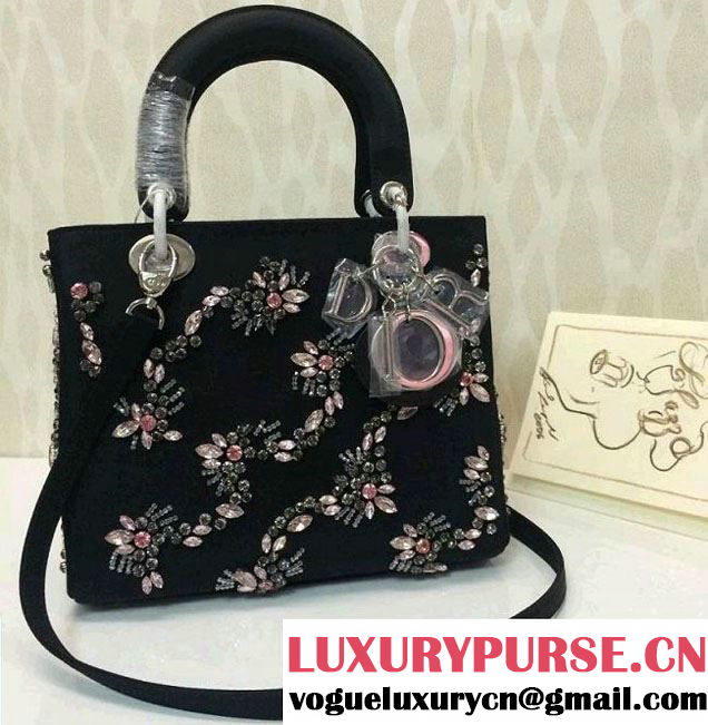 Dior Black Floral Embellished Lady Dior Medium Bag Fall 2014