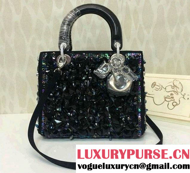 Dior Black Embellished Lady Dior Medium Bag Fall 2014