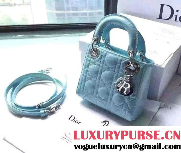 Lady Dior Small Bag with Adjustable Strap in Patent Leather Cyan Silver 2015