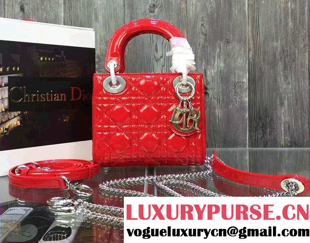 Lady Dior Small Bag with Adjustable Strap in Patent Leather Red Silver 2015