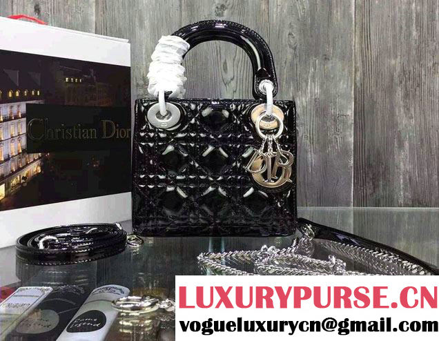 Lady Dior Small Bag with Adjustable Strap in Patent Leather Black Silver 2015