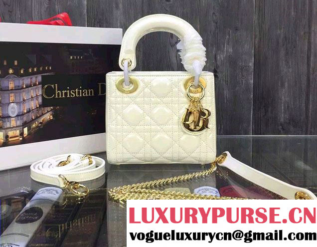 Lady Dior Small Bag with Adjustable Strap in Patent Leather White Gold 2015