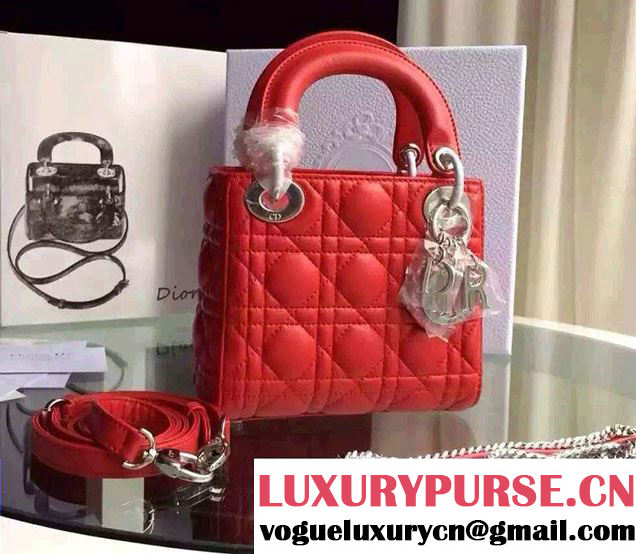 Lady Dior Small Bag with Adjustable Strap in Lambskin Leather Red Silver 2015