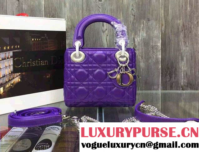 Lady Dior Small Bag with Adjustable Strap in Lambskin Leather Purple Silver 2015