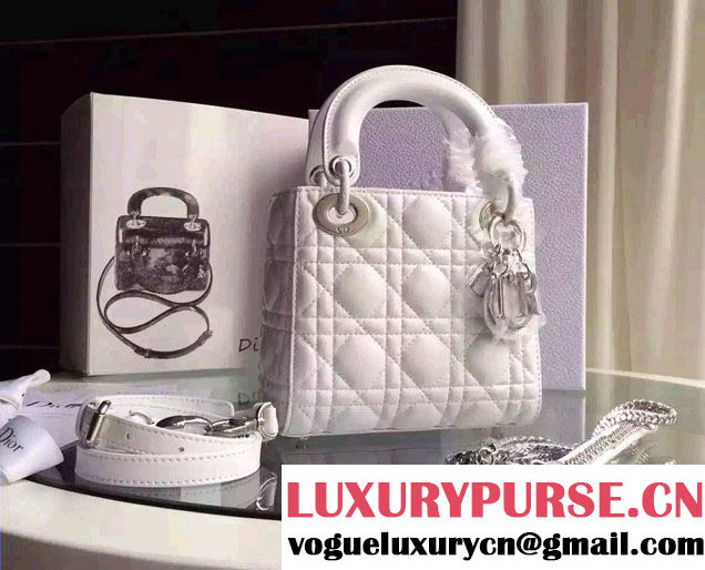 Lady Dior Small Bag with Adjustable Strap in Lambskin Leather White Silver 2015