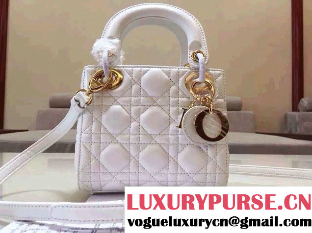 Lady Dior Small Bag with Adjustable Strap in Lambskin Leather White Gold 2015