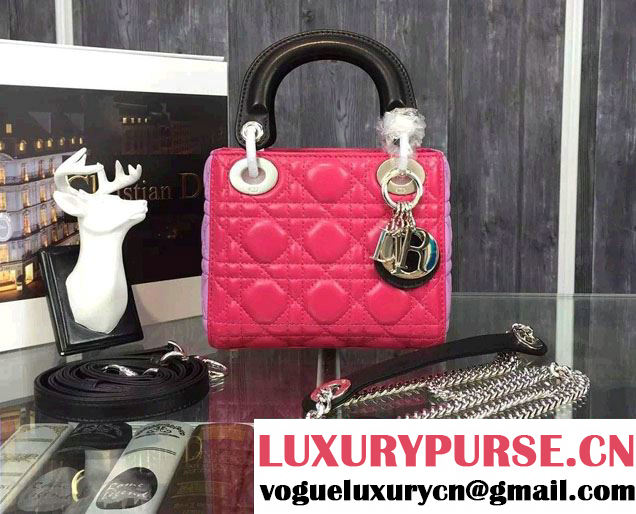 Lady Dior Small Bag with Adjustable Strap in Lambskin Leather Fuchsia/Black/Lavender 2015