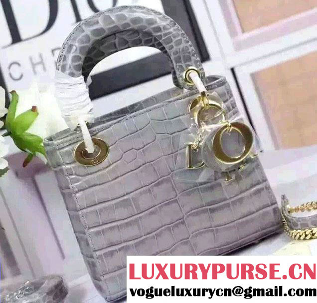 Lady Dior Crocodile Pattern Mini Bag Gray With Gold Hardware 2015