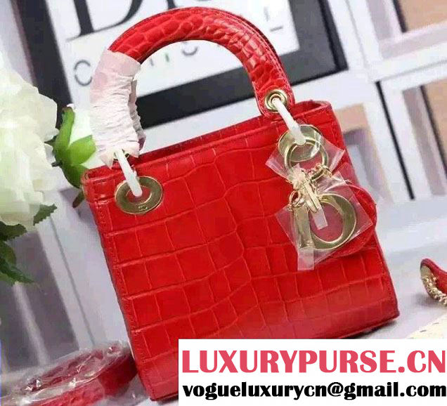 Lady Dior Crocodile Pattern Mini Bag Red With Gold Hardware 2015