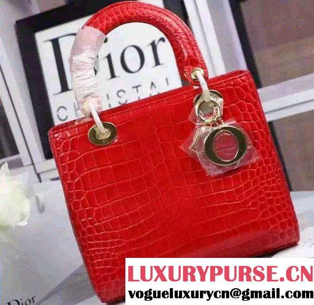 Lady Dior Crocodile Pattern Medium Bag Red With Gold Hardware 2015