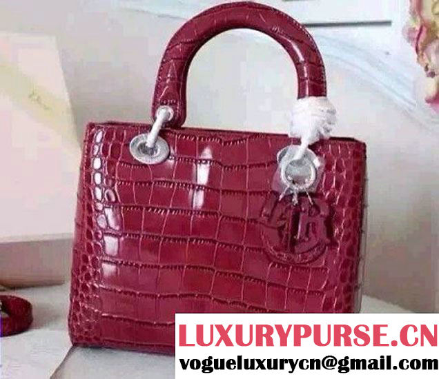 Lady Dior Crocodile Pattern Medium Bag Red 2015