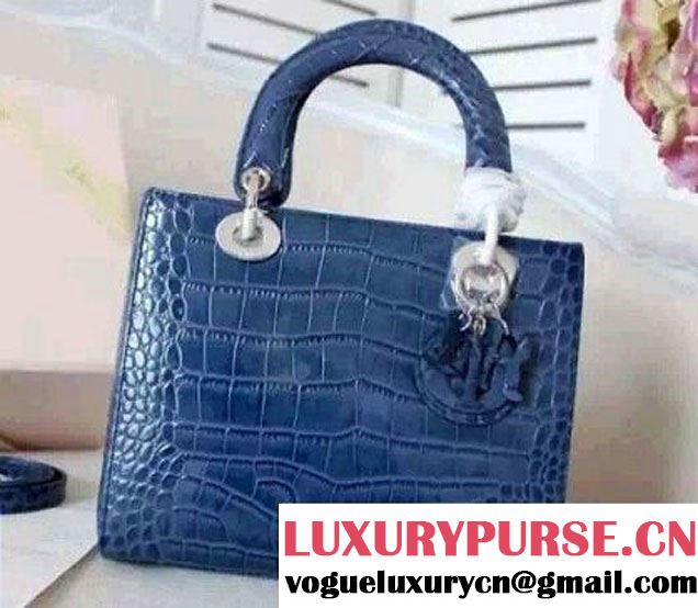 Lady Dior Crocodile Pattern Medium Bag Blue 2015